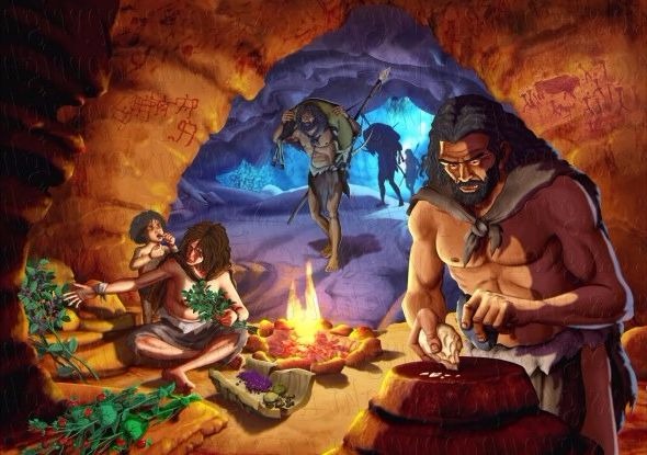 Grupo de homínidos en una cueva paleolítica